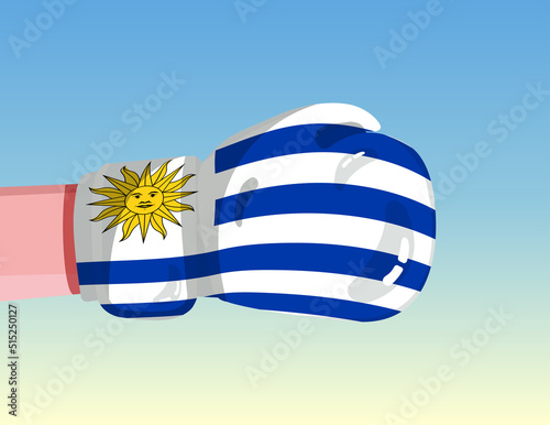 Flag of Uruguay on boxing glove. Confrontation between countries with competitive power. Offensive attitude. Separation of power. Template ready design.