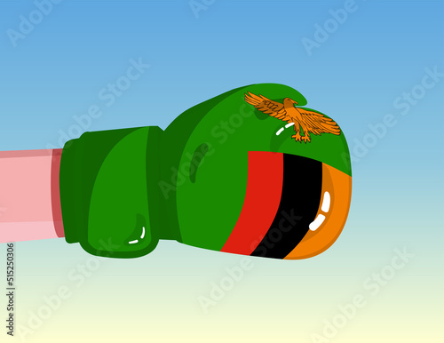 Flag of Zambia on boxing glove. Confrontation between countries with competitive power. Offensive attitude. Separation of power. Template ready design.