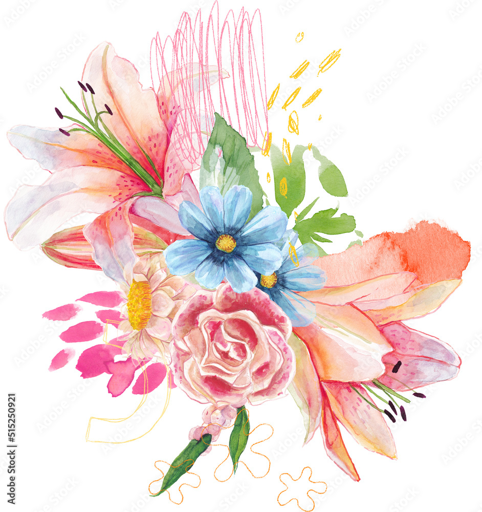 Obraz premium colorful floral rose daisy blue pink crayon abstract elements lily leaf bouquet
