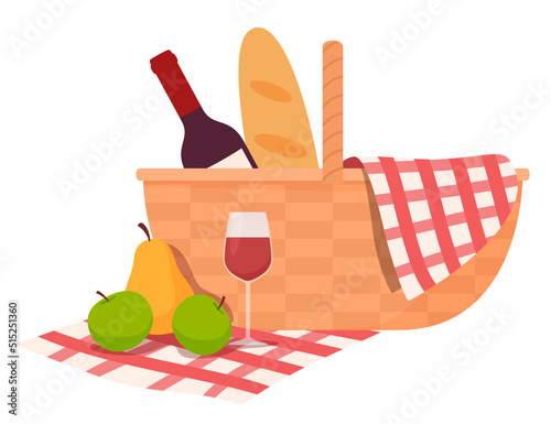 A set of various wicker picnic baskets. Outdoor recreation. Beautiful straw baskets are handmade. Vector illustration