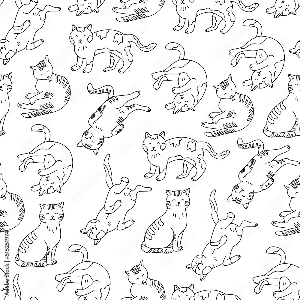 Seamless pattern with cats in doodle style. Hand drawn vector illustration on white background. Great for fabrics, wallpapers, wrapping papers, coloring books. Black outline. Seamless pattern with cats in doodle style. Hand drawn vector illustration on white background. Great for fabrics, wallpapers, wrapping papers, coloring books. Black outline.