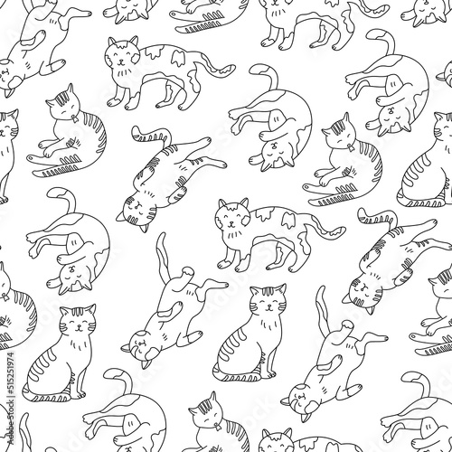 Seamless pattern with cats in doodle style. Hand drawn vector illustration on white background. Great for fabrics, wallpapers, wrapping papers, coloring books. Black outline.