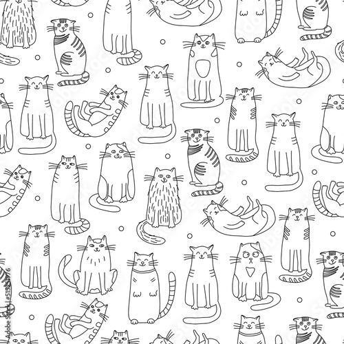 Seamless pattern with cats in doodle style. Hand drawn vector illustration on white background. Great for fabrics, wallpapers, wrapping papers, coloring books. Black outline.