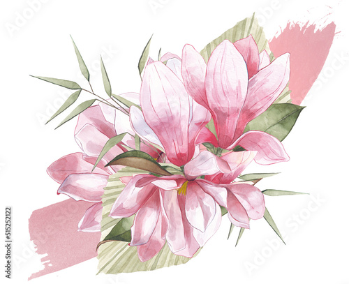 pink magnolia flower blossom bouquet composition leaves bamboo watercolor paint strokes