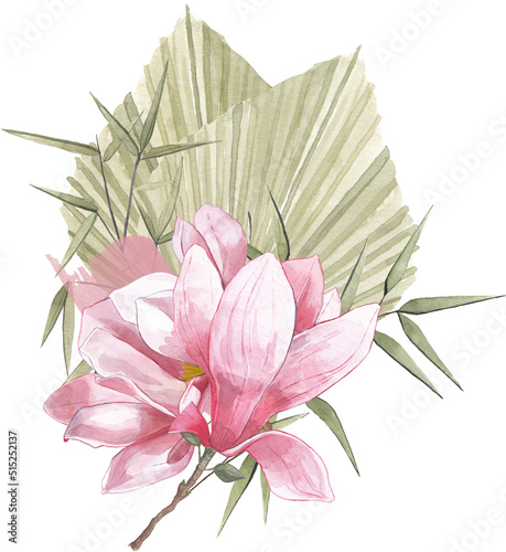 pink magnolia flower blossom bouquet composition leaves bamboo watercolor palm leaves tropical asian 