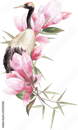 crane in pink magnolia flower blossom bouquet composition leaves bamboo wreath watercolor 