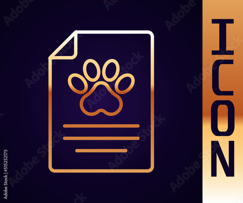 Gold line Clipboard with medical clinical record pet icon isolated on black background. Health insurance form. Medical check marks report. Vector