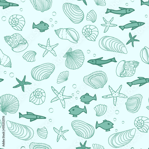 Seamless pattern with fish icons, shells, starfish on a blue background. © svetenergy