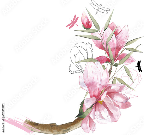 pink magnolia flower blossom bouquet composition leaves bamboo watercolor dragonfly ink wreath line art