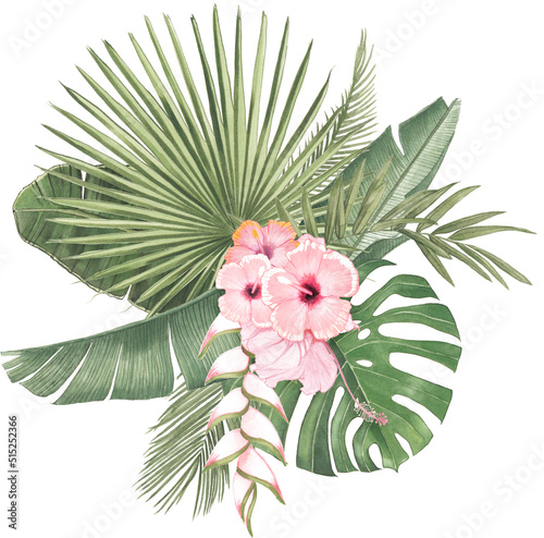 tropical palm floral leaf green hawaii beach monstera banana palm leaves pink hibiskus bouquet photo