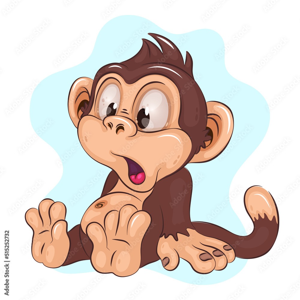 Surprised Cartoon Monkey. A childish illustration of a surprised cartoon monkey sitting on the floor, with its mouth open. Cartoon mascot. Positive and unique design.