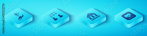Set Isometric Caduceus snake medical, Speech bubble chat, Heart rate and Courthouse building icon. Vector