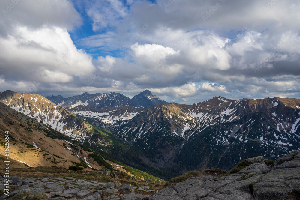 Afternoon view of the Slovak Tatras from the ridge trail to Kasprowy peak.