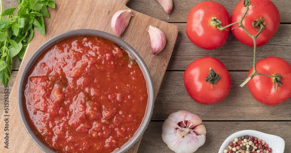 Tomato sauce, tomatoes, garlic, olive oil and herbs over wood table Tomato sauce, tomatoes, garlic, olive oil and herbs over wood table