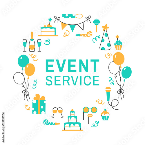 Event service flat line circle frame with text space on white background. Birthday holiday concept for card poster flyer design. Festive hat balloons cake cupcake present champagne vector illustration