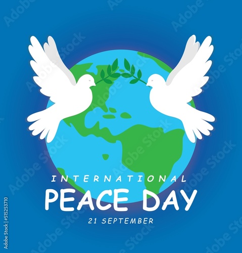 International Peace Day, White Dove Birds with Leaf on the Blue Background