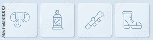 Set line Elephant, Sniper optical sight, Spray against insects and Hunter boots. White square button. Vector