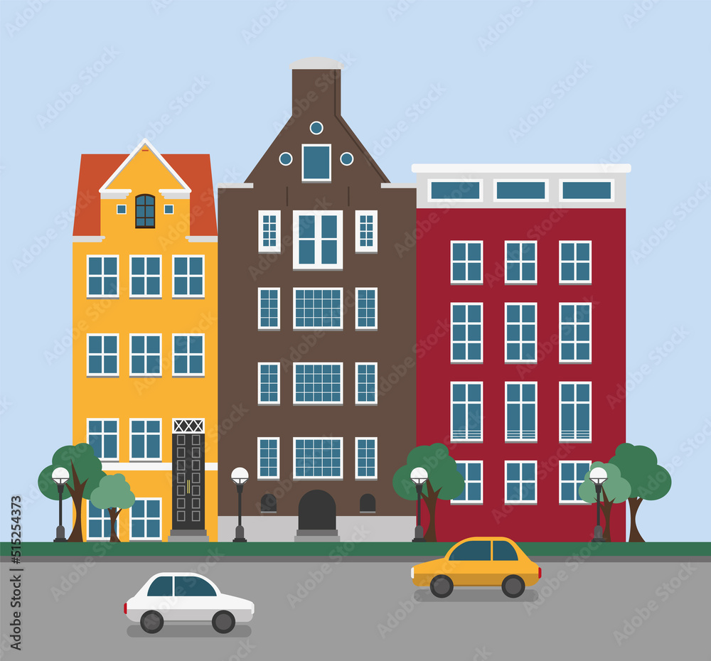 Landscape of historic city with cars. Vector illustration.