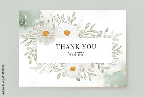 Thank you card template with daisy white and greenery leaves watercolor