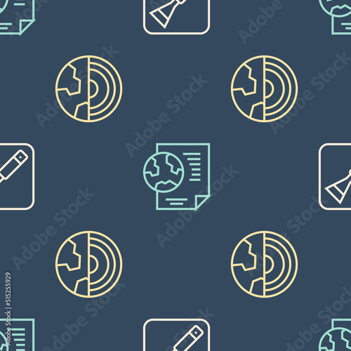 Set line Paint brush, Earth core structure crust and globe with document on seamless pattern. Vector