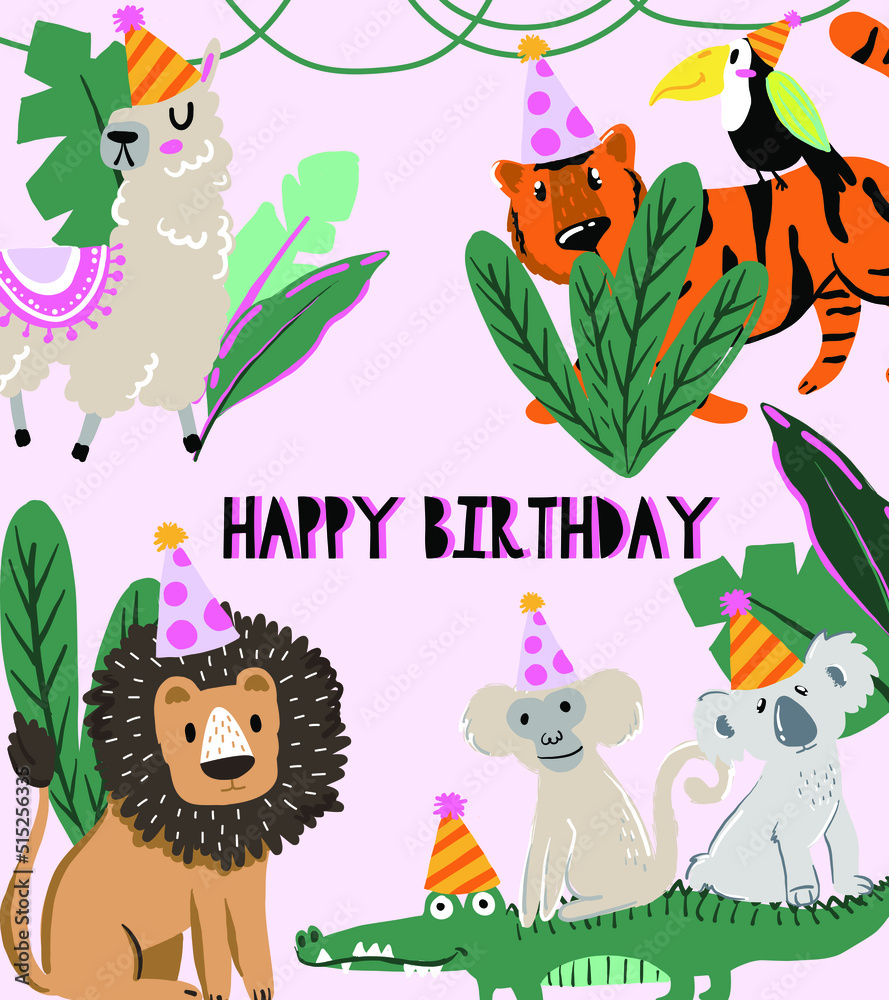 Naklejka premium Birthday cards with cute animals. Funny jungle party. Vector illustration.
