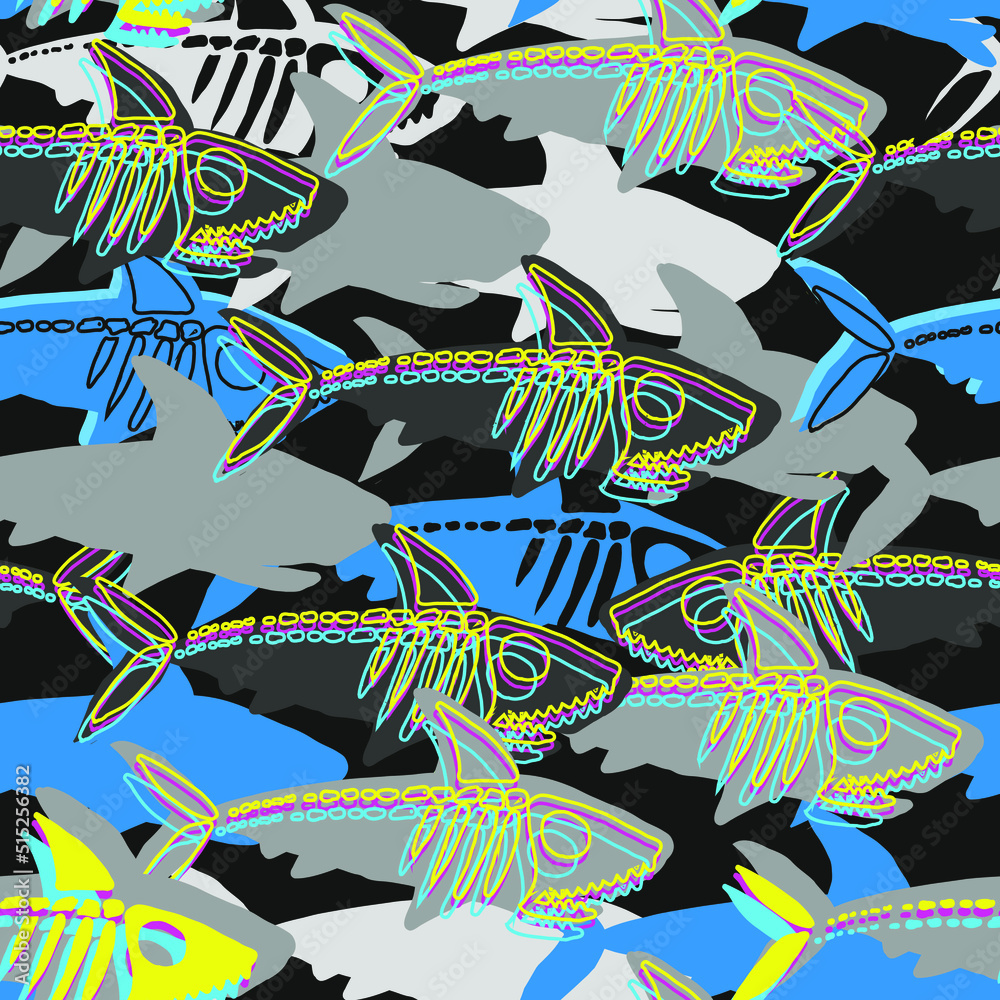 Fish skeleton pattern seamless. Shark skull background. fish bones texture