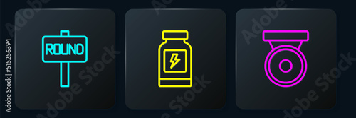 Set line Boxing ring board, gong and Energy drink. Black square button. Vector