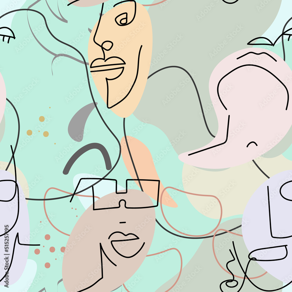 One line drawing. Abstract face seamless pattern. One line drawing. Abstract face seamless pattern.