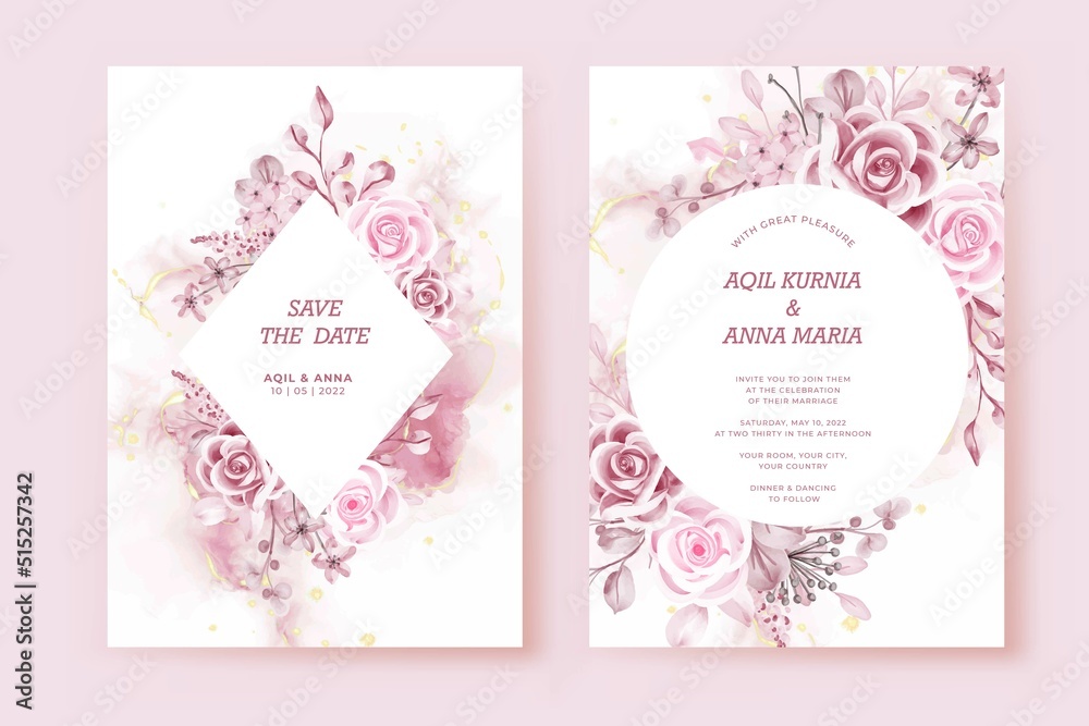 Luxury White Pink Rose Wedding Invitation template