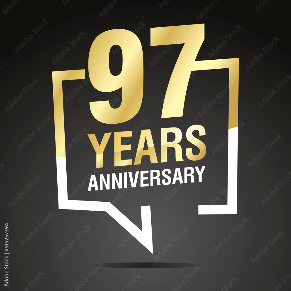 97 Years Anniversary celebrating, gold white speech bubble, logo, icon on black background 97 Years Anniversary celebrating, gold white speech bubble, logo, icon on black background