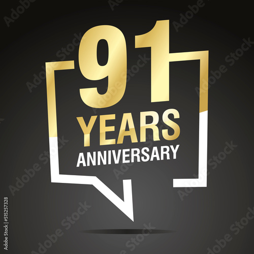 91 Years Anniversary celebrating, gold white speech bubble, logo, icon on black background