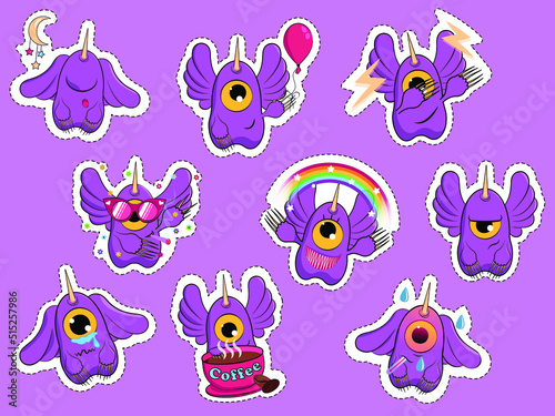 Cute monster stickers. Isolated vector illustration. Kid cartoon sticker pack. Purple people eater with different face expressions. Funny set with one eyed winged creature. Flat line art