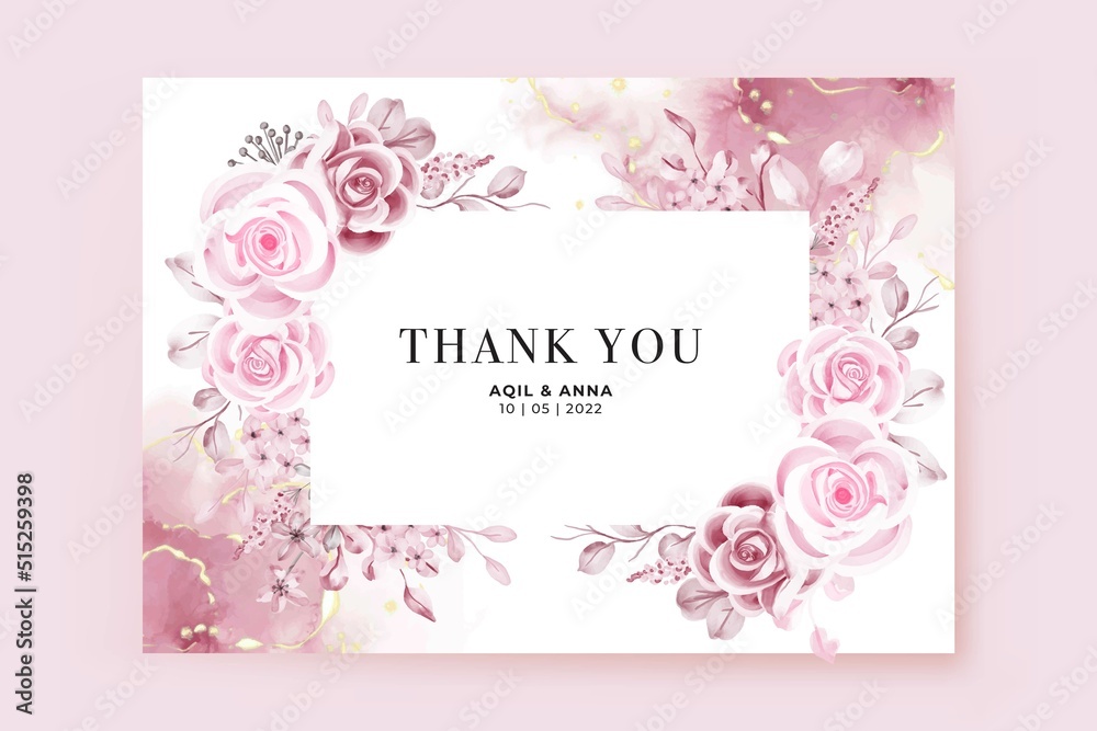 Luxury Watercolor Floral Pink Thank You Card Template