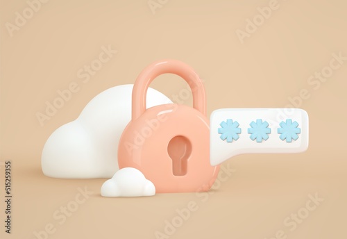 3d render padlock, clouds and otp code password icon. Concept identification, rights of access, secure network,data security. Realistic vector illustration
