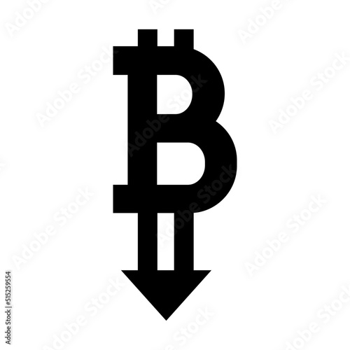 Bitcoin down icon. Falling bitcoin sign with downward arrow. Vector Illustration