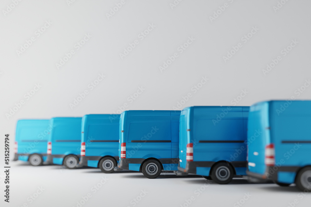 Several van delivery vans on a yellow background. Concept of delivering products, courier work, rental of vans. 3d render, 3d illustration.