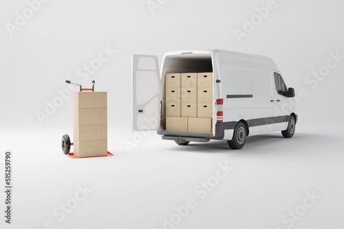 Commercial delivery white van with cardboard boxes on white background. Delivery order service company transportation box business background with van truck. 3d rendering, 3d illustration.