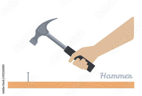 Hands holding hammer. Hammering a nail into wooden board. Construction tools flat style. Vector illustration isolated on white.