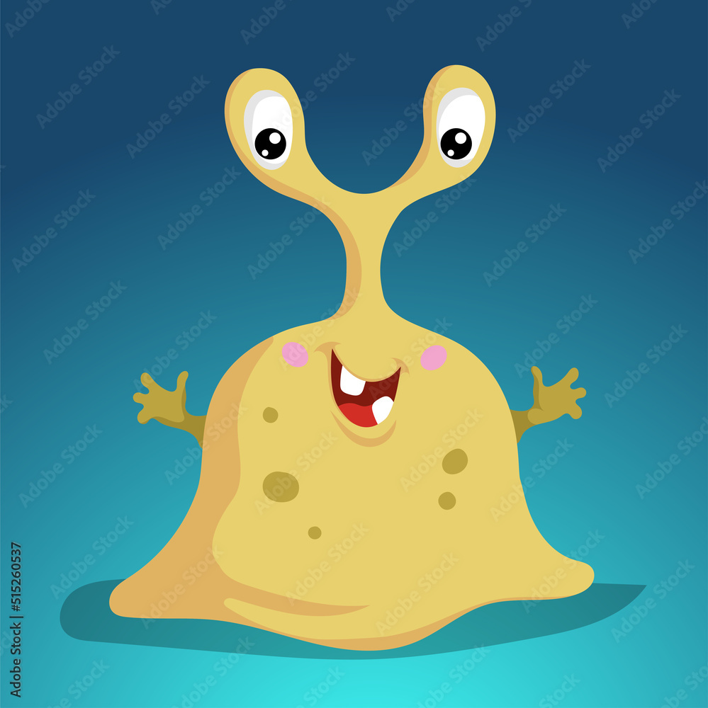 Cartoon cute monster. Snail looking with two big eyes yellow smiling creature. Vector illustration. Cartoon cute monster. Snail looking with two big eyes yellow smiling creature. Vector illustration.