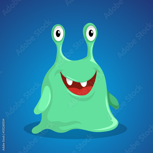 Cartoon cute monster. Snail looking with  two big eyes green smiling creature. Vector illustration.