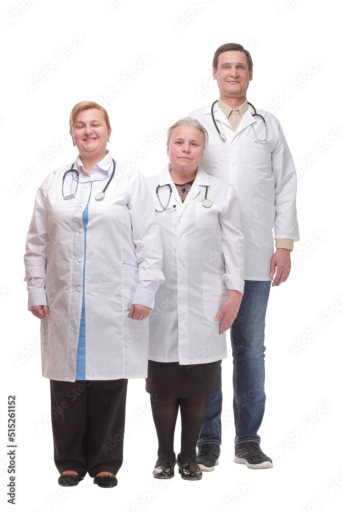 Front view of happy group of medics or doctors at white background. Front view of happy group of medics or doctors at white background.