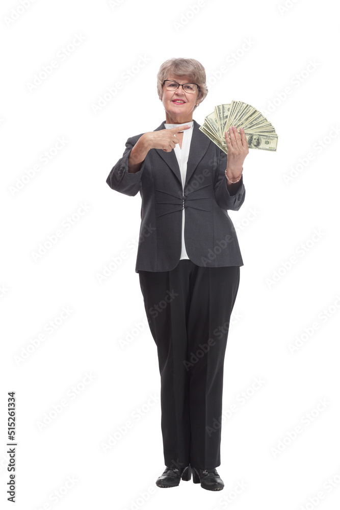 A smiling woman holding dollars with thumb up sign A smiling woman holding dollars with thumb up sign