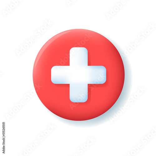 Red circle button with white plus. First aid, Health care, emergency help icon. 3d realistic vector illustration on white background.