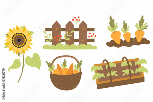 Collection of agriculture, farming. Garden bed, greenhouse with plants, carrots in ground, wicker basket with vegetables, sunflower and wooden fence with berries and grass. Vector illustration.