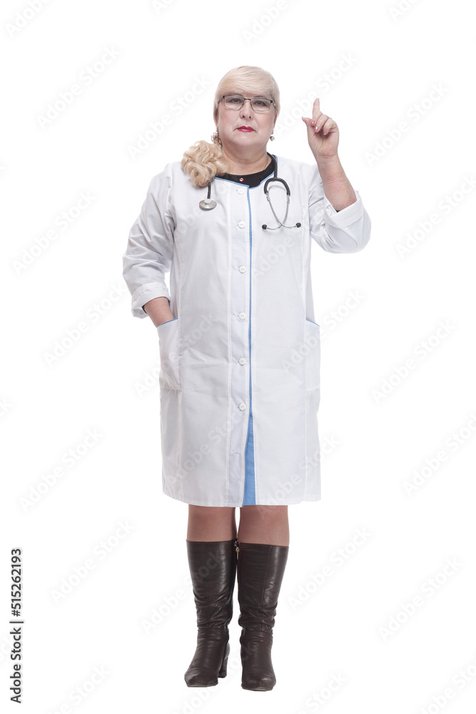 Mature female paramedic with a stethoscope . isolated on a white