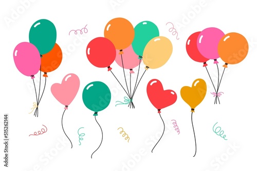 Bunches of balloons set. Vector hand drawn illustration. Various colorful balloons round and heart shape in groups and separately.