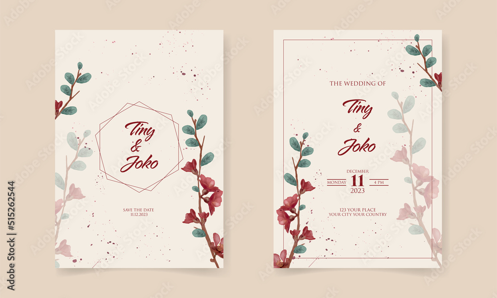Double sided wedding invitation template with Red flower Premium Vector