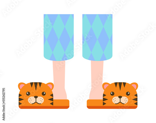 Child in tiger slippers. Vector illustration