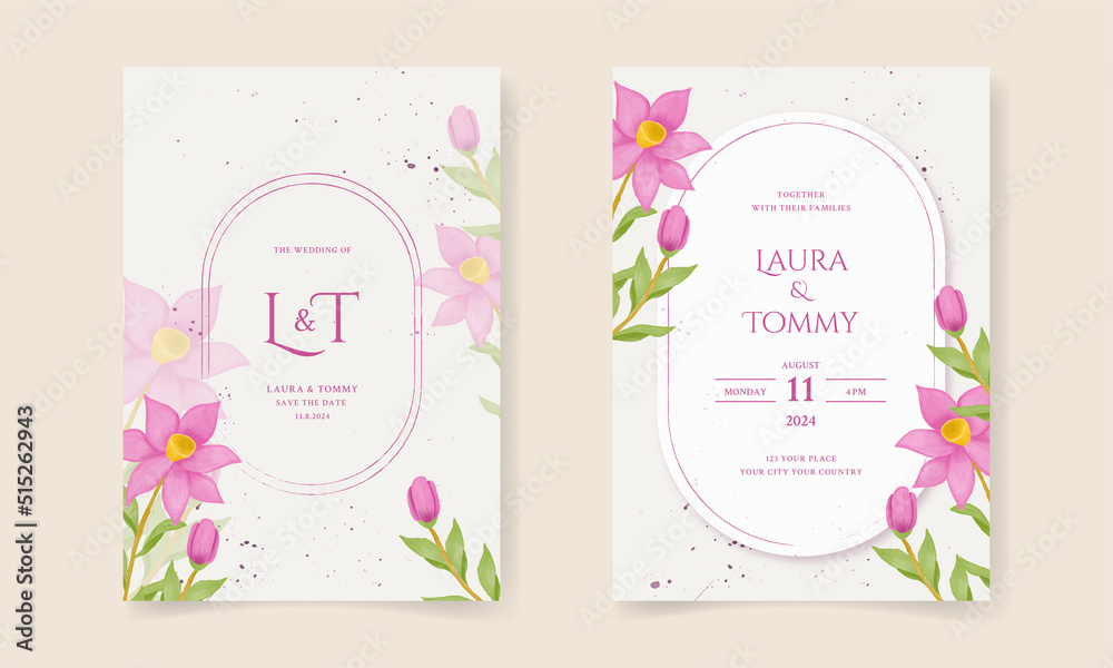 Double sided wedding invitation template with pink flower Premium Vector
