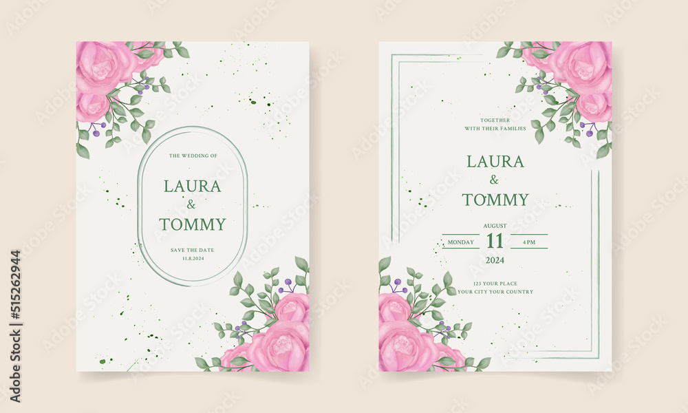 Double sided wedding invitation template with Pink flower Premium Vector